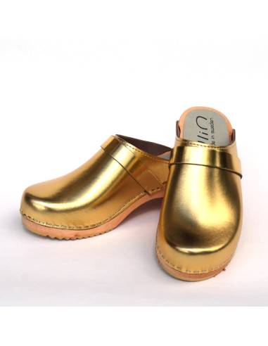 Women's swedish wooden clogs in leather silver or bronze