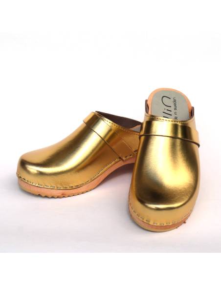 Damen Schwedische Holzschuhe und Leder silber oder bronze