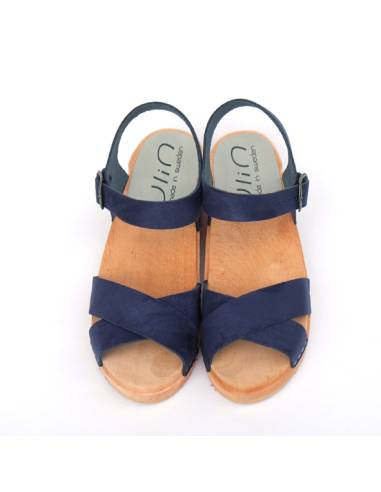 Niedrige schwedische Sandalen aus Holz und gekreuztem Leder