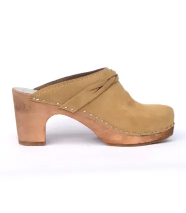 Sabot bois femme esprit nordique talon 8 cm et cuir beige nubuck