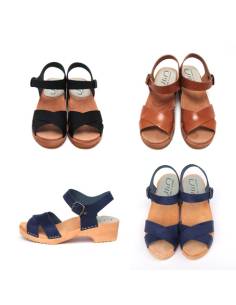 Swedish wooden Sandals crossed vegetal leather for woman