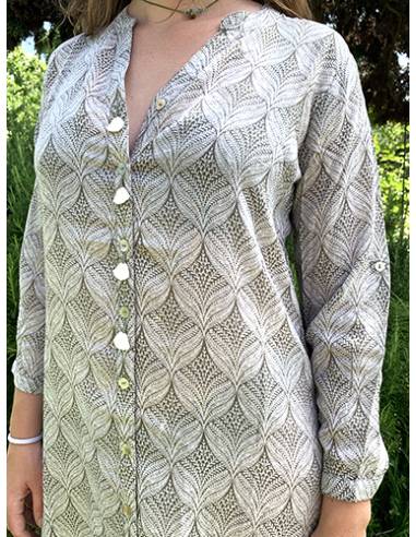 Elegante y elegante camisa modal con cuello mao y botones de pompón.