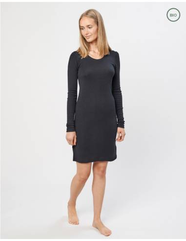 Chemise de nuit manches longues en pure laine mérinos bio noir