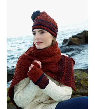 Écharpe jacquard en pure laine mérinos bonnet et mitaine rouge rouille 