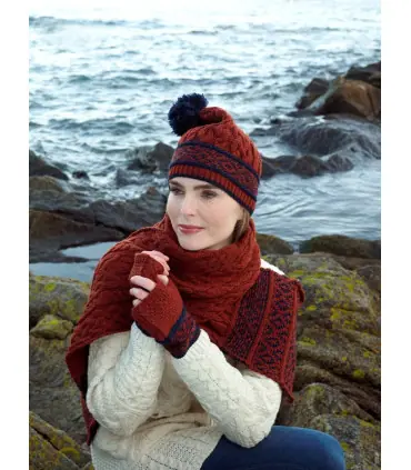 Écharpe jacquard en pure laine mérinos motifs nordique rouge 