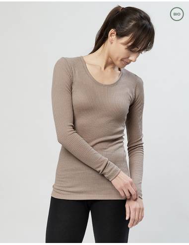 camisa de punto de cuello de mujer en lana merino gris puro