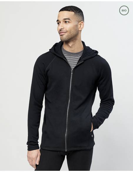 Veste à capuche homme pure laine mérinos noire de sport 