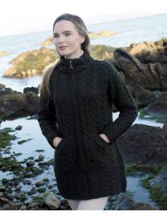 Women's Cable design Zip Coat cardigan pure merinowool blue 2