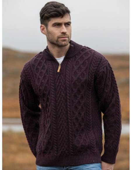 Men's Half Zip Aran Wool Sweater in pure merinowool