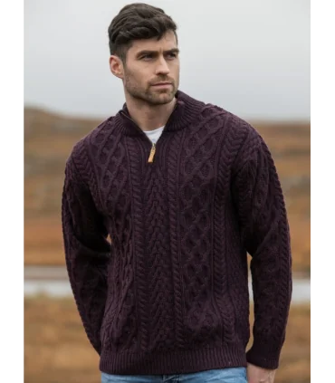 Men's Half Zip Aran Wool Sweater in pure merinowool