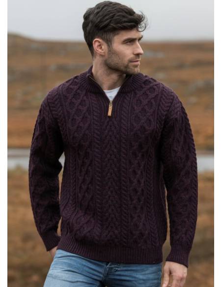 Men's Half Zip Aran Wool Sweater in pure merinowool
