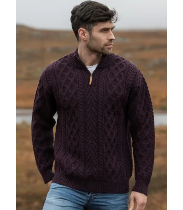 Men's Half Zip Aran Wool Sweater in pure merinowool