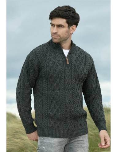 Jersey de lana Aran con media cremallera para hombre en merinowool puro