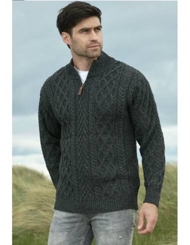 Jersey de lana Aran con media cremallera para hombre en merinowool puro