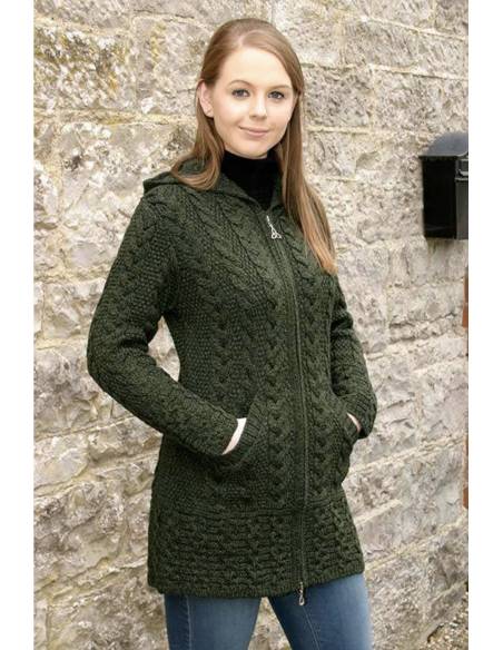 Gilet long Femme en pure laine mérinos à zip et capuche vert kaki 