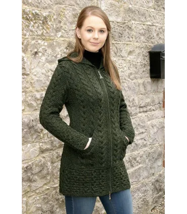 Gilet long Femme en pure laine mérinos à zip et capuche vert kaki 