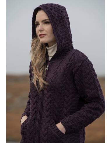 Gilet long Femme en pure laine mérinos à zip et capuche bordeaux