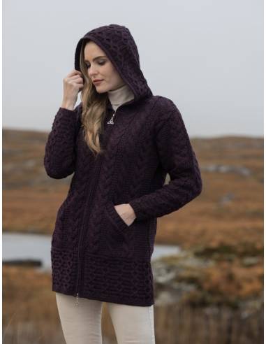Gilet long Femme en pure laine mérinos à zip et capuche bordo 