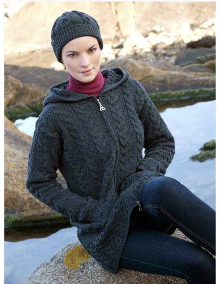 Gilet long Femme en pure laine mérinos gris à capuche 