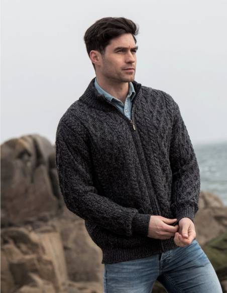 Herren Aran Wollpullover mit halbem Reißverschluss aus reiner Merinowolle