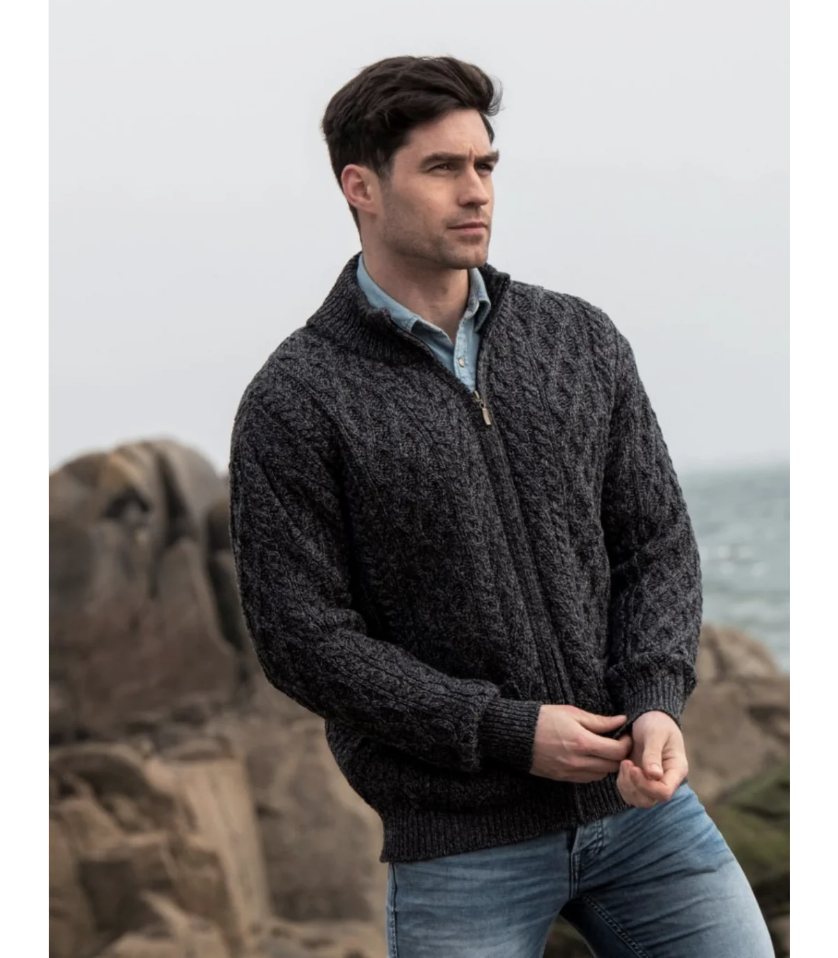 Pull Homme pure laine mérinos col Zip maille chevron