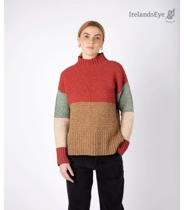 Pull tricoté ras col montant vert bleuté ou rose amarante tricolore super tendance 