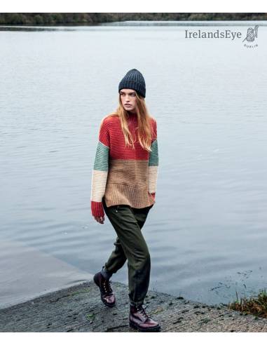 Pull  ras col montant cheminée vert ou rouge triocolor en laine tricoté