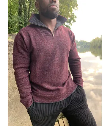 Pull Homme zip en pure laine vierge bordeaux 