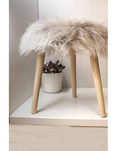 Taburete de madera de piel de cordero redondo blanco