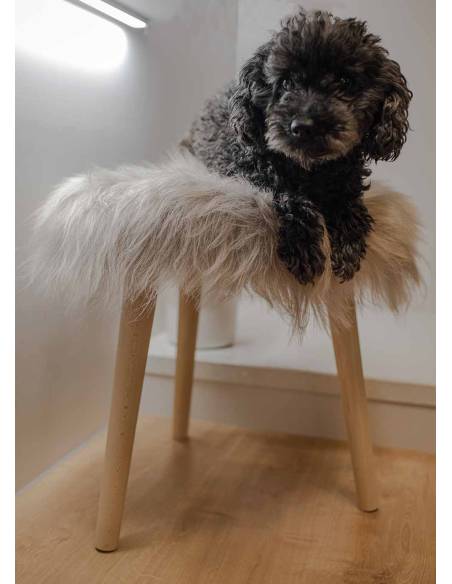 Tabouret rond bois et véritable peau de mouton poils longs