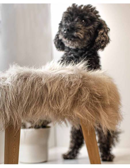 Tabouret rond bois et véritable peau de mouton poils longs