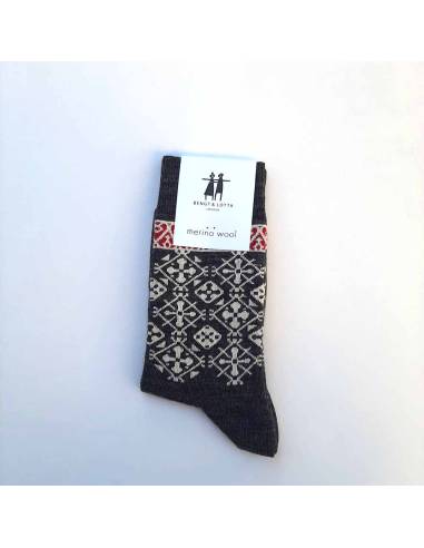 Chaussettes créateurs laine mérinos fantaisie grise et noir liseré nordique avec joli motif 