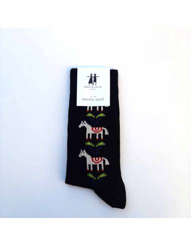 Chaussettes à motifs cheval nordique en pure laine mérinos noir bengt and lotta design nordique 