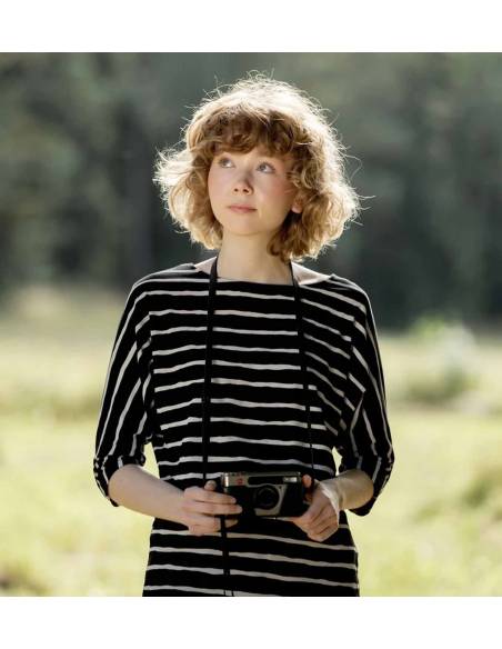 Women's tunic dress with asymmetric patterns in black and white