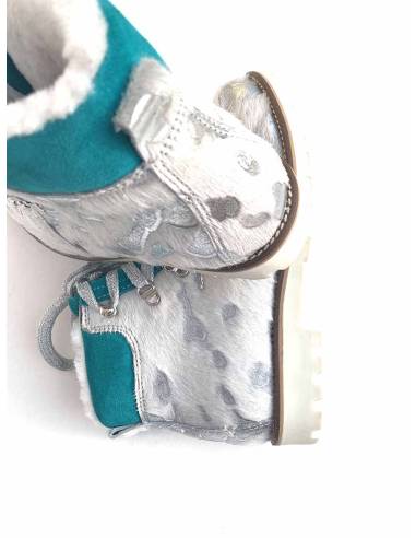 Bottines hiver en cuir et fourrure chaude et tendance argent et turquoise 