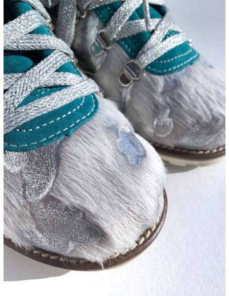 Bottines femme en cuir et fourrure chaude et tendance olang blanc argent et turquoise 