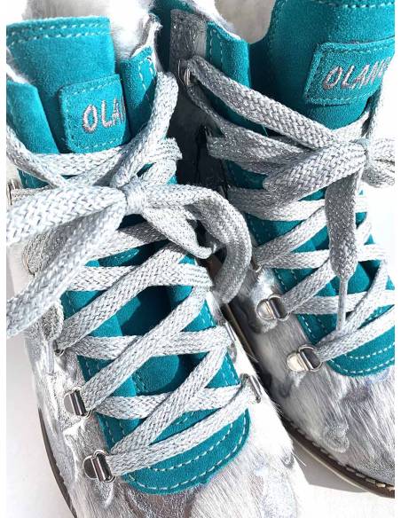 Bottines grands froids en cuir et fourrure chaude et tendance olang turquoie et lacets 