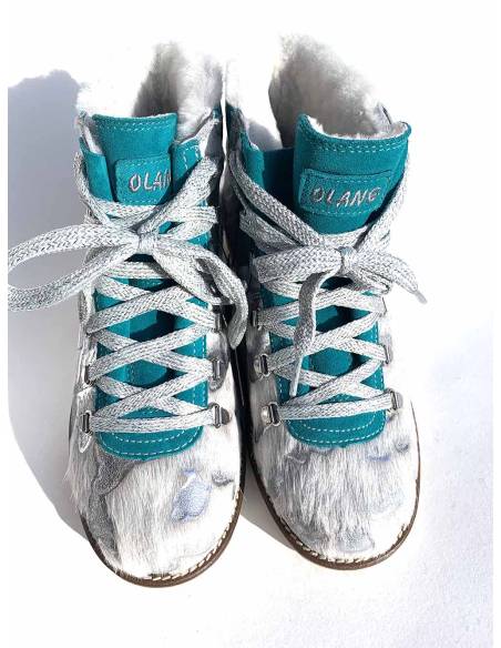 Bottines hiver en cuir et fourrure chaude et tendance argent gris blanc et turquoise