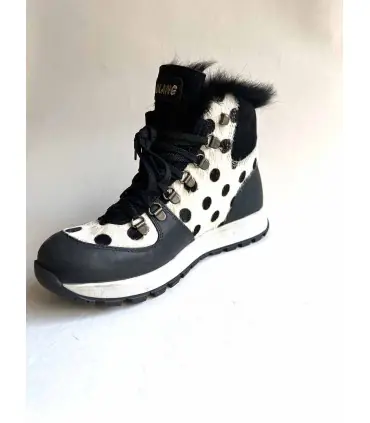 Bottines Sneakers d'hiver en peau cuir et daim de luxe à motifs ou simple pour femme - Olang bamboo noir et blanc à pois et poil