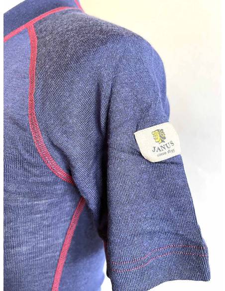 Camiseta de mujer bordada pura lana azul merino