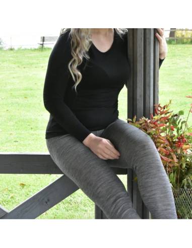 Maillot femme manches longues doux en laine mérinos et soie NOIR