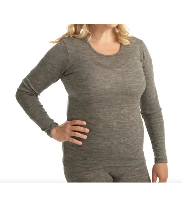 Maillot femme manches longues doux en laine mérinos et soie GRIS 