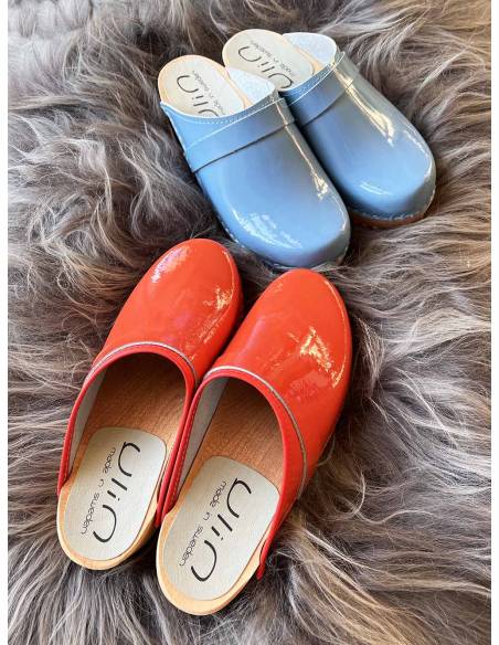 Wooden Swedish women lack leather clogs