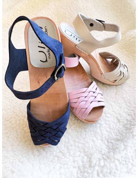 Damen Schwedische Holz Sandalen in geflochtenem Leder und hohe Absatze