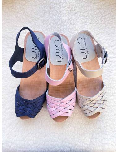 Damen Schwedische Holz Sandalen in geflochtenem Leder und hohe Absatze