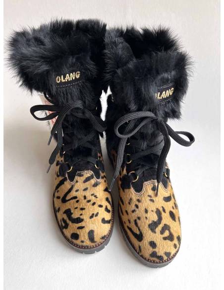Bottes femme fourrure noire et cuir de vache léopard 