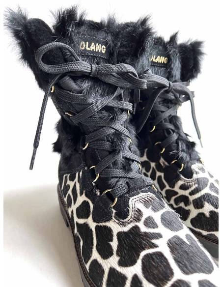 Olang Damen-Stiefel Morgana schwarzes Fell und Rindsleder mit Leopardenmuster