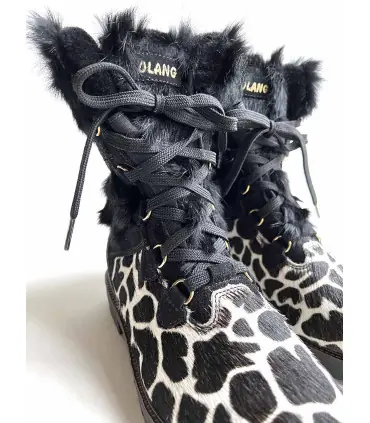 Olang Damen-Stiefel Morgana schwarzes Fell und Rindsleder mit Leopardenmuster