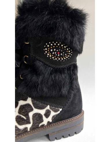 Olang Damen-Stiefel Morgana schwarzes Fell und Rindsleder mit Leopardenmuster