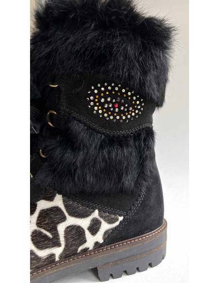 Olang Damen-Stiefel Morgana schwarzes Fell und Rindsleder mit Leopardenmuster